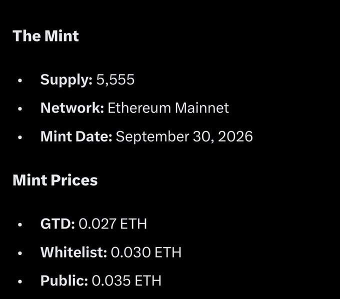 The image shows an NFT mint schedule for a project called "Hazels," with a supply of 5,555 on Ethereum Mainnet, minting September 30, 2026, at tiered prices of 0.027 ETH (GTD), 0.030 ETH (Whitelist), and 0.035 ETH (Public). It directly supports the post's claim of a $70 mint price and $380K market cap (5,555 × ~$70), suggesting the public mint price of 0.035 ETH aligns with the "~0.035 ETH" valuation referenced.