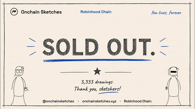 A promotional image for 'Onchain Sketches' on 'Robinhood Chain' displaying 'SOLD OUT.' in large text, thanking 3,333 sketchers and including the handles '@onchainsketches' and 'onchainsketches.xyz'.