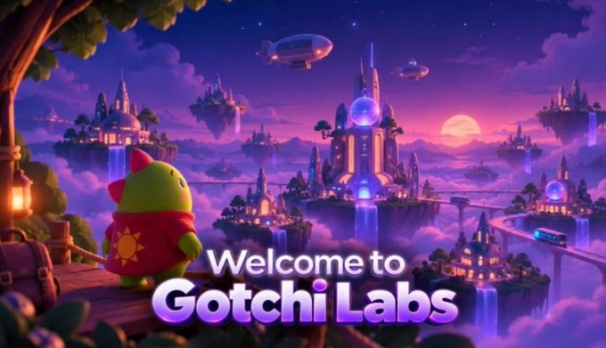 A promotional graphic reading "Welcome to Gotchi Labs" shows a green character in a red cape looking out over a magical, purple-hued floating city with castles and airships.