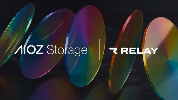A promotional graphic with the text 'AIOZ Storage | RELAY' displayed over colorful, iridescent disc-like objects.