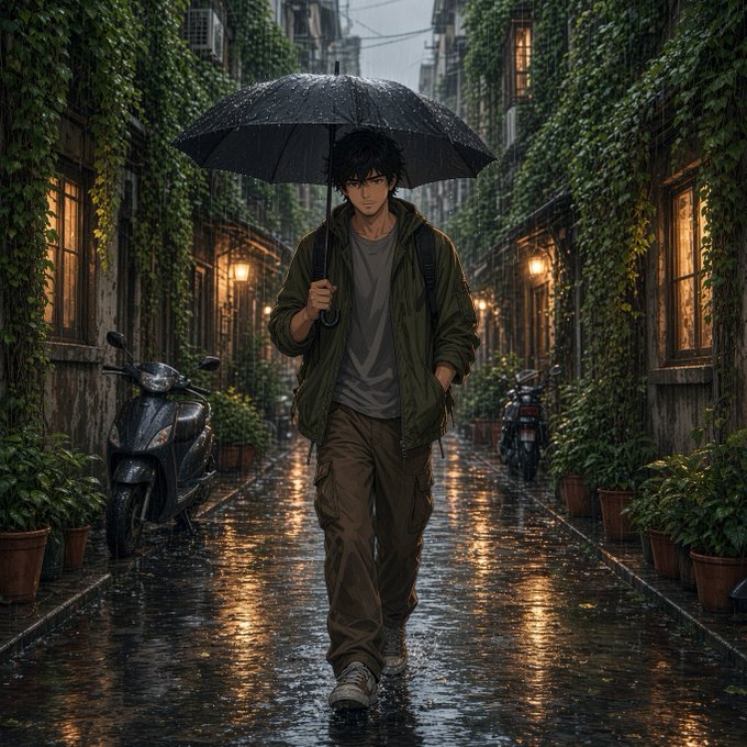 An anime-style illustration of a young man with dark hair walking down a wet, plant-lined alleyway while holding a black umbrella. Scooters and warm street lamps line the sides.