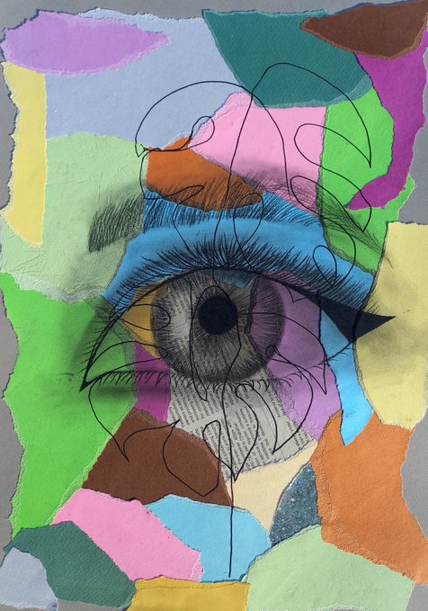 An artistic collage featuring a detailed, realistic drawing of an eye overlaid on a background of torn, colorful paper scraps in shades of pink, green, yellow, blue, and orange, with loose pencil scribbles surrounding the eye.