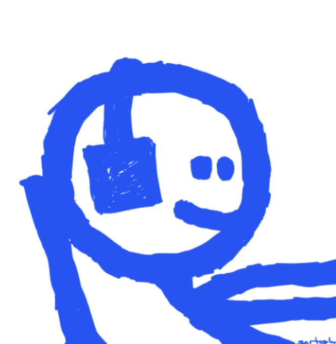 A blue marker drawing on white background depicting a stylized character or robot with a square head/visor and round eyes.
