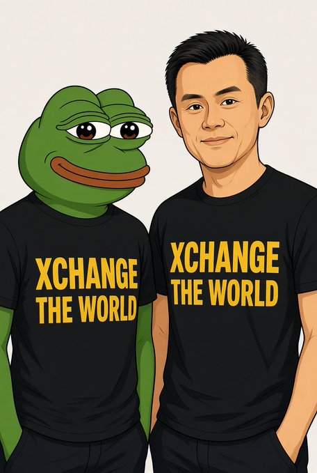 An illustrated image of a man and Pepe the Frog wearing matching black t-shirts with yellow text reading 'XCHANGE THE WORLD'.