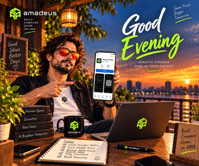 A promotional graphic for 'amadeus' featuring a man with red sunglasses pointing to a phone displaying a 'JunoBox Wallet' app, with text 'Good Evening', 'Agentic Finance Now in Your Pocket', and 'Build Compose Grow on AMA', plus a laptop, coffee mug, and notebook with a to-do list.