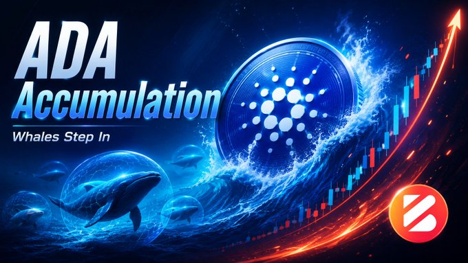 A promotional graphic titled 'ADA Accumulation: Whales Step In' features Cardano branding, blue whales, and an upward-trending price chart.