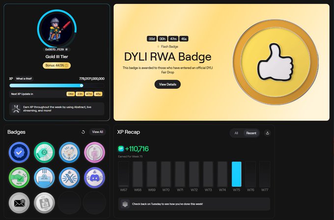 Dashboard interface showing a 'Gold III Tier' user profile with a 44.5% bonus, displaying the 'DYLI RWA Badge' awarded for entering an official DYLI Fair Drop, along with XP stats and various badges.