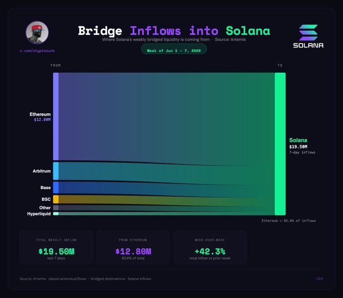 The image shows a graph titled "Bridging funds into Solana" with a bar chart that represents the amount of $19,500,000 invested in Solana. The graph depicts different cryptocurrency coins as categories along the x-axis, while the y-axis shows the value of each coin. The top bar of the graph is labeled "Bridge", indicating the type of investment. The rest of the bars represent various cryptocurrency funds that investors have poured into Solana over the past year. The title and a caption further explain the information in the image about the Bridging funds into Solana, highlighting the successful outcome for this particular coin.