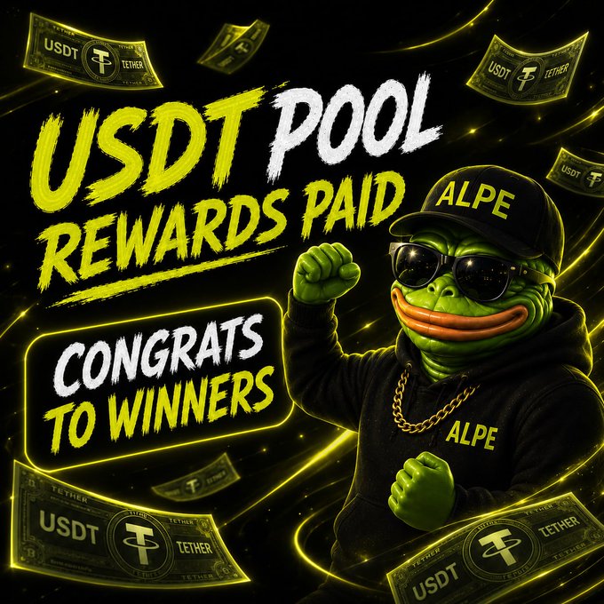 Promotional graphic featuring a Pepe frog character wearing an 'ALPE' cap and sunglasses, advertising 'USDT POOL REWARDS PAID - CONGRATS TO WINNERS' with scattered USDT banknotes.