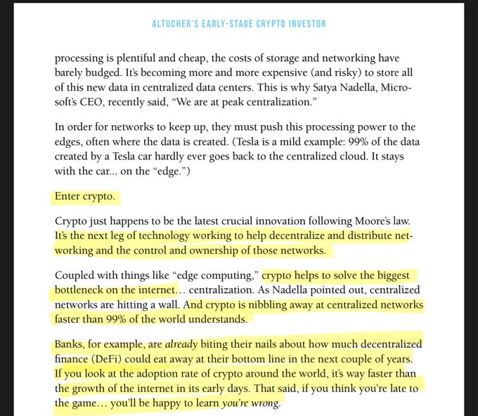 A highlighted excerpt from 'ALTUCHER'S EARLY-STAGE CRYPTO INVESTOR' discussing how crypto helps decentralize networks and edges out centralized systems faster than most realize.