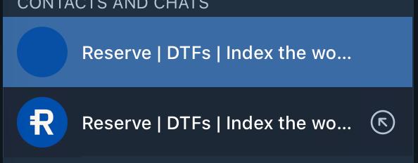 The image shows a Telegram contacts list displaying two entries for a group named "Reserve | DTFs | Index the wo..." with identical names but different avatars—one generic blue circle and one with an "R" logo. This visual illustrates the post's warning about a fake/malicious Reserve group impersonating the legitimate official Telegram group at t.me/reservecurrency, highlighting how duplicates can appear in chats to deceive users.