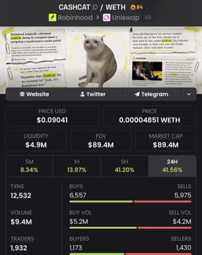 A screenshot of the CASHCAT / WETH token page showing a price of $0.09041 USD with a market cap of $89.4M, FDV of $89.4M, liquidity of $4.9M, and a 24-hour volume of $9.4M, available on Robinhood and Uniswap V3.