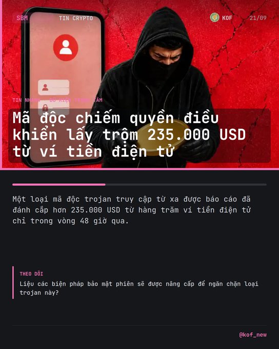 Vietnamese cybersecurity news graphic from 'KOF' dated 21/09 about a trojan malware stealing over 235,000 USD from hundreds of crypto wallets in 48 hours, featuring a hooded hacker image and a 'TIN CRYPTO' phone interface.
