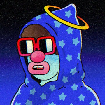 An artistic illustration of a character wearing a blue star-patterned hood with a golden halo, red-rimmed glasses, and a pink nose against a dark blue background.