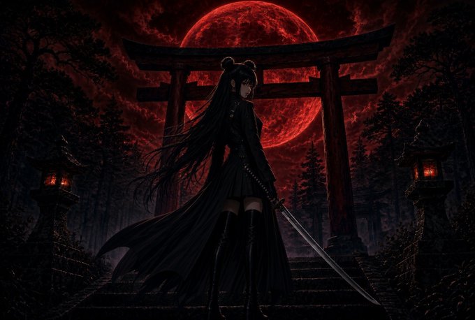 A dark-haired warrior in a flowing black coat stands beneath a blood-red torii gate, gripping a katana against the backdrop of a crimson full moon. The gothic Japanese imagery visually reinforces the post's themes of legacy, steadfast identity, and standing apart from the noise before the NFT drop's early supporter race.