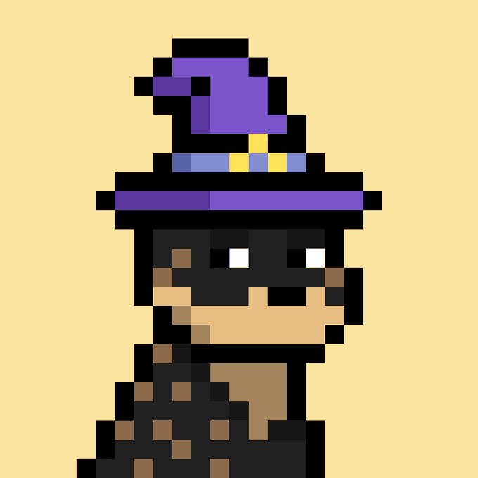 A pixel art character wearing a large purple witch's hat with a yellow buckle is depicted against a yellow background.