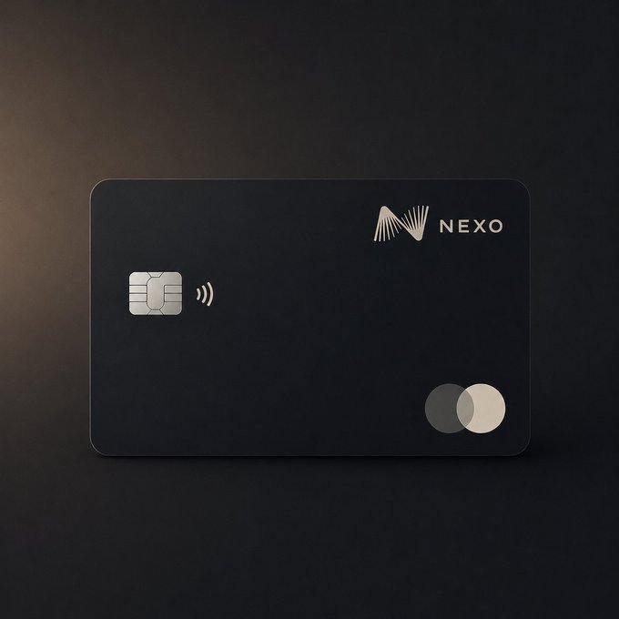 A black Nexo credit card is displayed against a dark background, featuring a contactless payment chip and the Mastercard logo.
