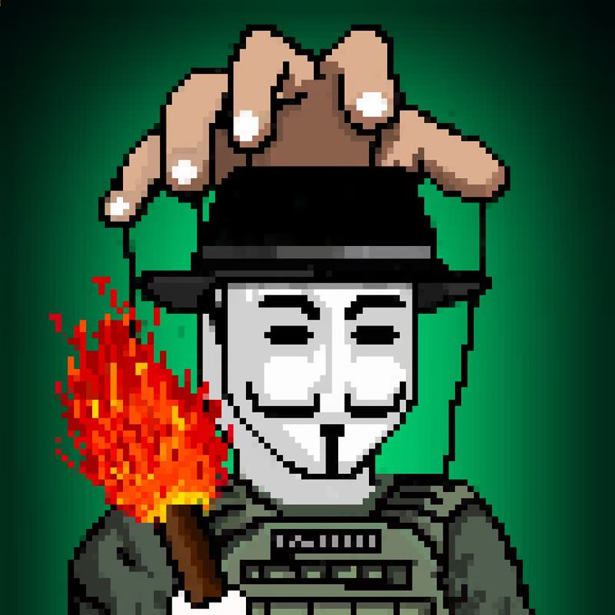 A pixel art portrait of the V for Vendetta character wearing a Guy Fawkes mask and a black hat, holding a burning torch against a green background.