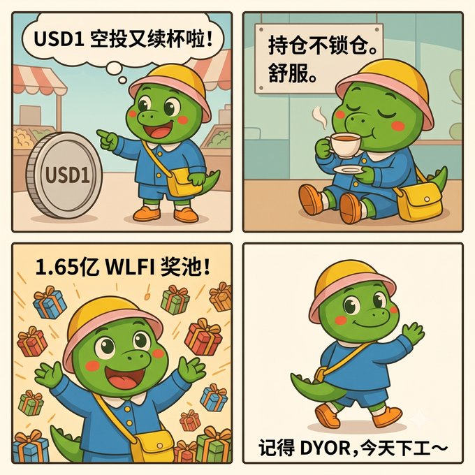 A four-panel cartoon featuring a green dinosaur character in a yellow hat advertising crypto projects: 'USD1 空投又续杯啦!', '持仓不锁仓。舒服。', '1.65亿 WLFI 奖池!', and '记得 DYOR, 今天下工~'.