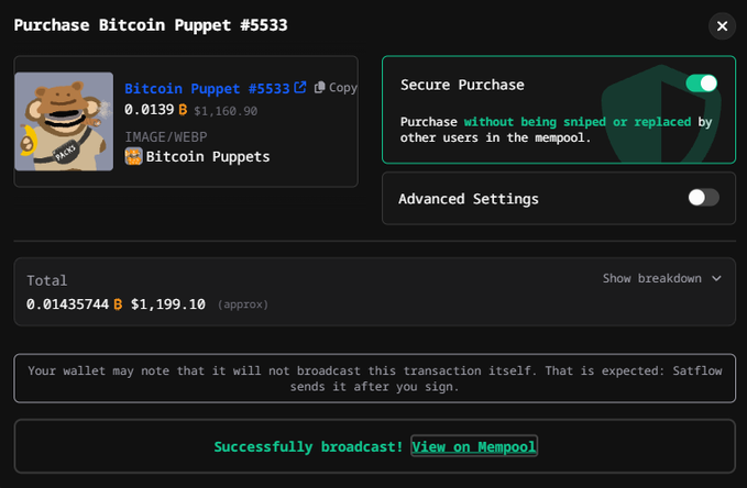 A digital purchase confirmation screen for 'Bitcoin Puppet #5533' showing a successful transaction for 0.01435744 B (~$1,199.10) with a Secure Purchase toggle enabled.