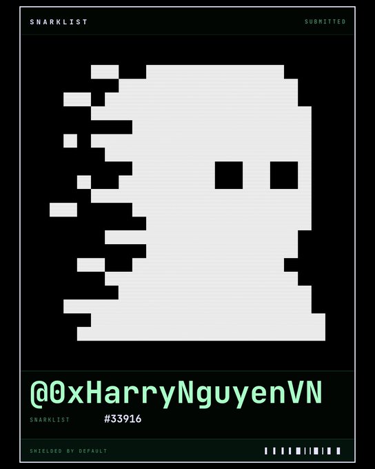A 'Snarklist' submission card #33916 featuring pixel art of a face with sunglasses and the username @0xHarryNguyenVN.