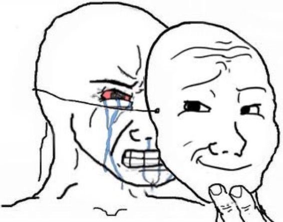 A black-and-white 'Wojak' style meme drawing shows a crying, anguished figure wearing glasses in the background while a smiling, bald 'soyjak' figure with a chin gesture dominates the foreground.