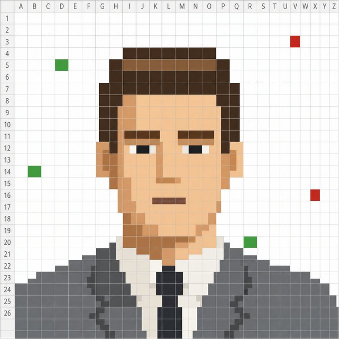 A pixel art portrait on a grid background showing a man with brown hair, wearing a gray suit and dark tie, with small red and green squares scattered throughout the spreadsheet-like grid.
