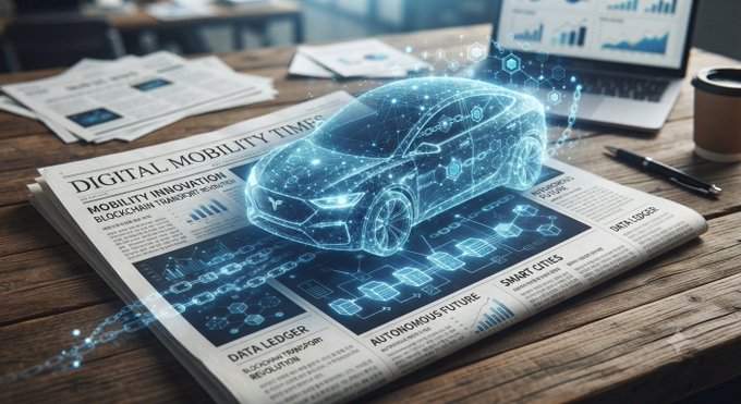 Futuristic conceptual image of a glowing digital wireframe car model hovering over a newspaper with headlines about 'DIGITAL MOBILITY', 'AUTONOMOUS FUTURE' and 'SMART CITIES' on a wooden desk.