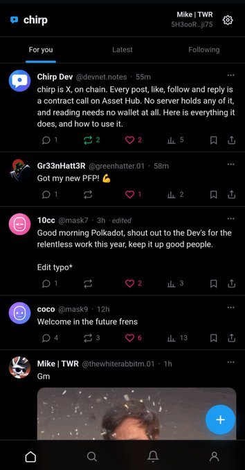 The image shows a screenshot of the Chirp app, a social media platform built on X/Twitter's Asset Hub, displaying a feed with posts from accounts like @devnet_notes, @greenhatter01, and @mask7_, demonstrating that Chirp operates as a fully on-chain decentralized social network without wallets or servers. This relates to the accompanying post by promoting Chirp as a prime example of what's possible within the Polkadot ecosystem.