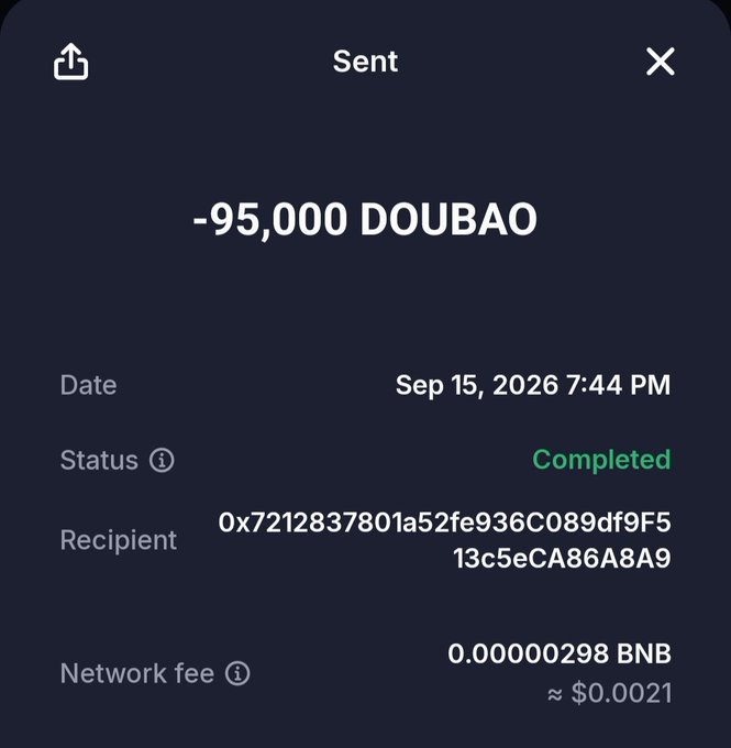 A screenshot showing a completed transaction of -95,000 DOUBAO tokens sent on Sep 15, 2026 at 7:44 PM to recipient address 0x7212837801a52fe936C089df9F513c5eCA86A8A9, with a network fee of approximately $0.0021, demonstrating one participant's receipt of the promised 95,000 $DOUBAO tokens from the airdrop campaign.