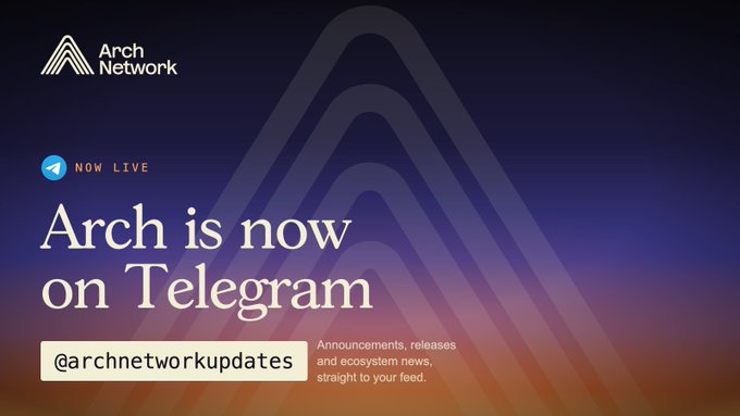 The promotional graphic for Arch Network announces "Arch is now on Telegram" with the handle @archnetworkupdates, featuring a Telegram logo labeled "NOW LIVE" against a stylized mountain peak design. The image directly supports the post by visually confirming the launch of their official Telegram channel for announcements, releases, and ecosystem news.