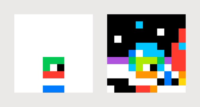Two pixel art characters: on the left, a simple character with a green and red face on a white background; on the right, a more complex colorful pixel art figure on a black background.