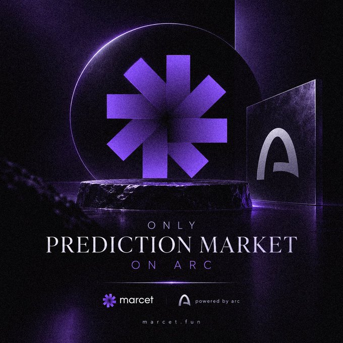 A dark purple promotional graphic for marcet.fun advertising 'ONLY PREDICTION MARKET ON ARC' with the marcet logo and 'powered by arc' branding.