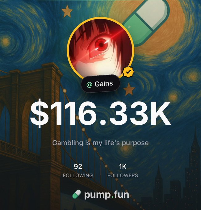 The image shows a pump.fun profile page for "@Gains" displaying $116.33K, "1K FOLLOWERS," and a banner referencing the Van Gogh "Starry Night" painting, celebrating the user surpassing their first milestone of 1,000 followers on pump.fun mobile as mentioned in the post.