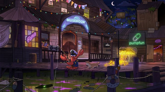 Digital illustration of a coastal boardwalk scene at night featuring a crab character, with neon signs reading 'MUSEOBOOK', 'Fomo', and 'pumpfun'.