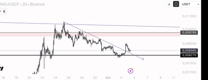 A 2-hour Binance chart of $PENGU/USDT shows a descending wedge pattern forming between approximately 0.00976 and 0.00827, with price consolidating near the lower trendline support around 0.00827-0.00856, suggesting a potential breakout setup that supports the poster's bullish outlook for the next expansion.