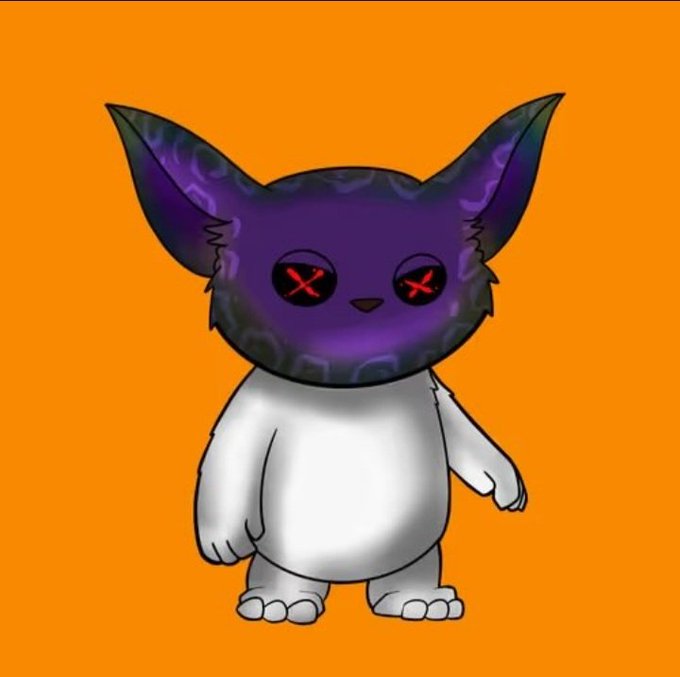 A white cartoon animal with purple accents, resembling a dog or a cat, is standing upright against an orange background. The animal has black eyes, red ears, and is wearing glasses that have been altered with small fake red x's. There are also two other x's on its head, adding to the illusion of multiple eyes. Additionally, there is text below the image that reads "Just got a trade for one of my forever @mimuonape from an amazing community member @TACOMEATER1 and his @mimuvault #mimuontop".