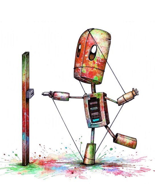 A colorful watercolor-style illustration of a rusty, mechanical robot with spring joints and a cylindrical head, painted with splashes of red, green, and blue.