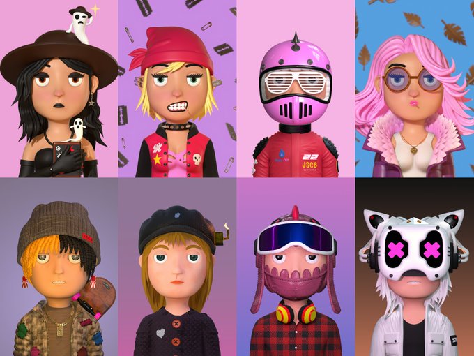 A 2x4 grid of eight stylized 3D NFT avatars, each sporting unique headwear—including a witch hat with ghosts, bandanas, racing helmets, glasses, beanies, and a cat-eared headset—set against pastel backgrounds. One jacket features the text "22 JSOB," reinforcing the post's promotion of the Jason Club NFT giveaway offer running through August 17.
