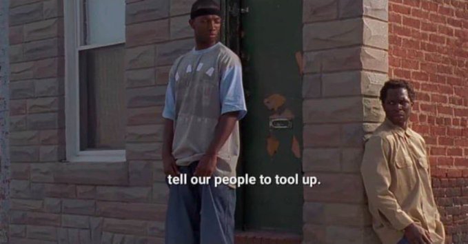 Two young men stand against a brick building, with on-screen text reading "tell our people to tool up," which humorously mirrors the poster's excitement about gearing up ("getting our hands on it") to test and potentially break the new Zenith Foundation testnet technology.
