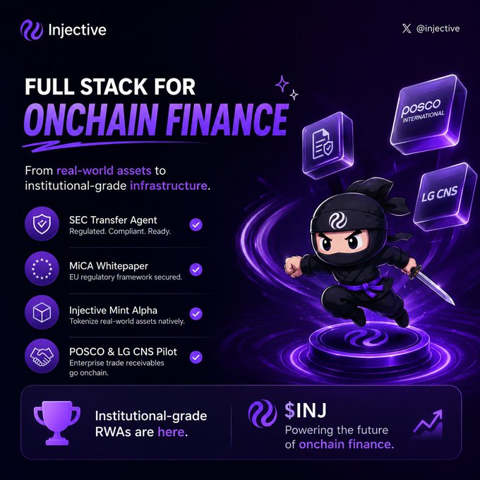 A promotional graphic for Injective, titled 'FULL STACK FOR ONCHAIN FINANCE,' featuring their ninja mascot with elements like SEC Transfer Agent, POSCO, and LG CNS.