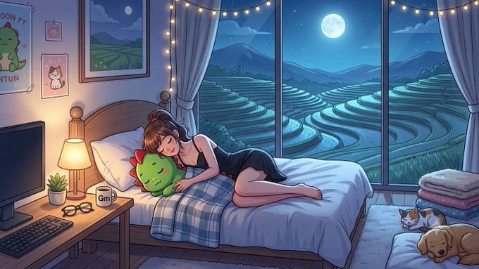 A whimsical digital illustration of a girl sleeping on a bed hugging a green dinosaur plush, with a laptop on the desk, pets sleeping nearby, and a window showing terraced rice fields under a full moon at night.