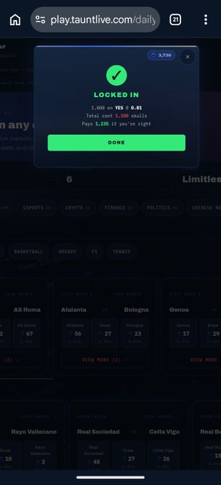 A screenshot of the play.tauntlive.com/daily website showing a 'LOCKED IN' confirmation popup over a sports betting interface.