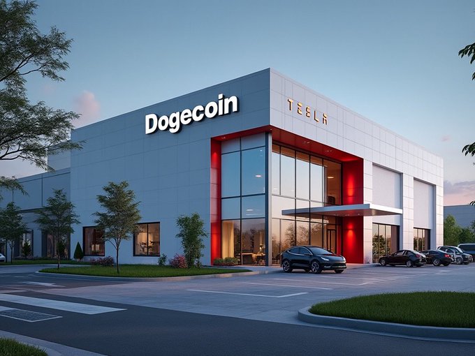 A modern Tesla showroom exterior is labeled “Dogecoin” and “TESLA,” with cars parked near the red-framed entrance.