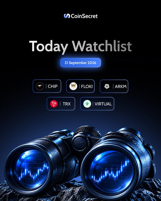 A CoinSecret promotional graphic titled 'Today Watchlist' for 21 September 2026, listing the cryptocurrencies CHIP, FLOKI, ARKM, TRX, and VIRTUAL above an image of binoculars with stock charts reflected in the lenses.
