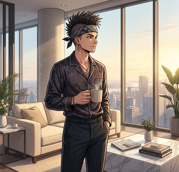An anime-style illustration of a man with spiky hair, a bandana, and a cross earring, wearing a patterned shirt and holding a coffee cup in a modern apartment overlooking a city skyline.