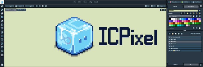 A screenshot of the ICPixel pixel art editor showing a blue cube design with the 'ICPixel' logo text.