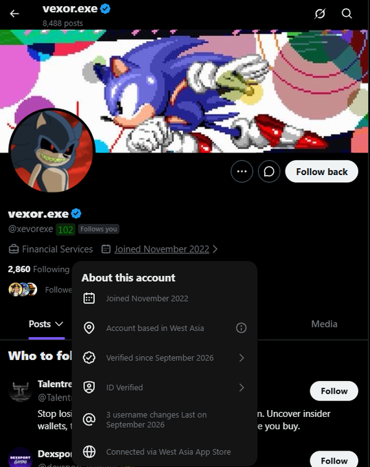 A Twitter/X profile screenshot for verified account **vexor.exe** (@xevorexe), showing 8,488 posts, 2,860 following, 102 followers, joined November 2022, and based in West Asia. The post presents this profile as a "red flag" account, alleging the user's art is AI-generated, they buy fake followers, deleted posts about a previous project, and ignored the poster's questions about legitimacy.