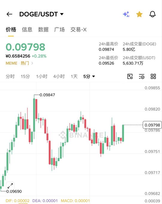 A Binance trading chart for DOGE/USDT showing the price at 0.09798 USDT with candlestick patterns on a 5-minute timeframe.