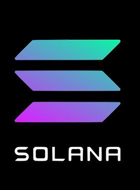 The Solana logo, consisting of three stacked gradient parallelograms above the word 'SOLANA' on a black background.